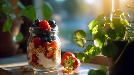 Fresh berries and granola parfait in glass jar set next to green plant softly lit by window sunshine