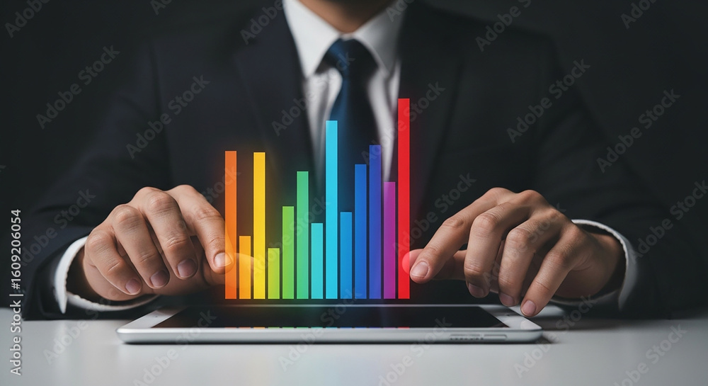 Poster data analysis chart, businessman using digital tablet with colorful bar graph showing financial stat