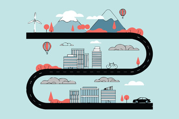 flat vector graphic of city and countryside connected by winding road hills buildings wind turbine