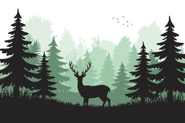 peaceful woodland scene featuring elegant deer standing in lush greenery with birds flying overhead vector art design