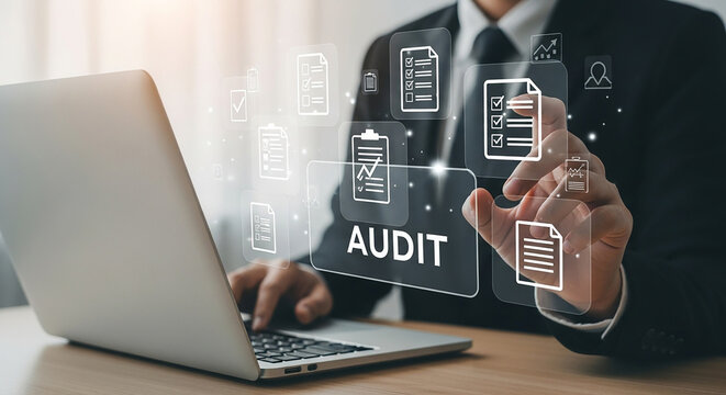 audit process, businessman using laptop with virtual document icons and digital interface representing financial inspection compliance and internal reporting

 - Powered by Adobe