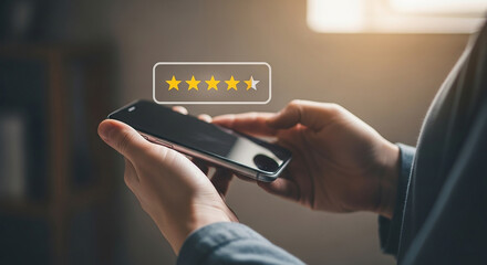 mobile review, hand holding smartphone with floating star rating interface showing customer feedback satisfaction and digital service quality evaluation


