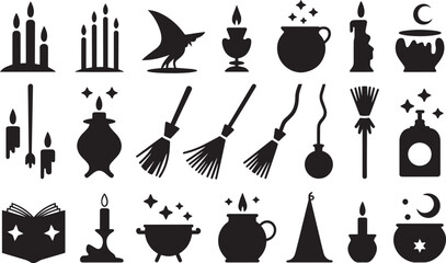 Witchcraft Silhouettes Vector Set – Candles, Spellbooks, Potions & Moons