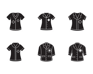 Set of Medical Uniforms and Scrubs in Black Silhouette Styles for Healthcare Professionals Vector Illustration