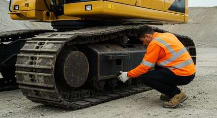 Construction Worker Inspecting Excavator Tracks