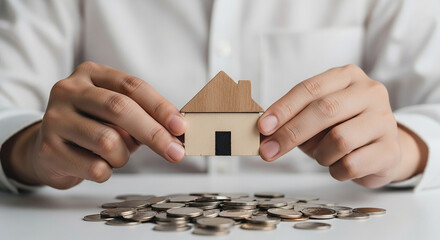 real estate investment, hand holding wooden house model with pile of coins representing property savings home ownership mortgage and housing finance concept

