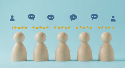 customer review, wooden figures with star rating and feedback icons on blue background representing satisfaction score evaluation and service performance

