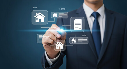 real estate management, businessman interacting with digital interface showing house icons and property documents representing online housing and investment

