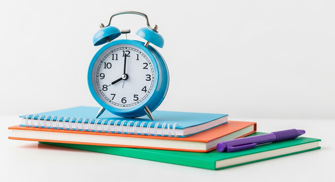 study time, school alarm clock with colorful notebooks and pen on white background representing time management and academic preparation concept

