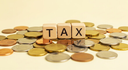 tax finance, wooden blocks spelling tax on pile of mixed coins representing government revenue and personal finance management in economic system

