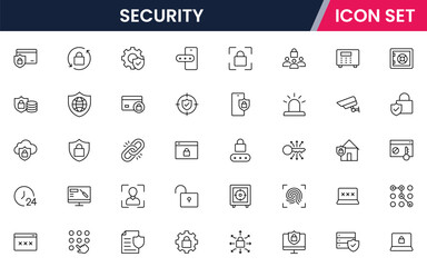 Security vector line icons featuring locks, shields, keys, cameras, alarms, passwords, guards, access control, protection, and surveillance technology symbols.