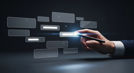 data interface, hand using stylus to interact with digital transparent menu on futuristic virtual screen representing UI UX technology in modern computing

