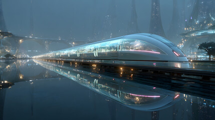 Futuristic high speed train with glass windows reflecting city lights on water futuristic train bullet train