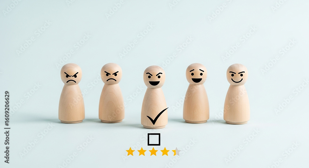 Poster customer feedback rating review, wooden figures with facial expressions and check mark representing 