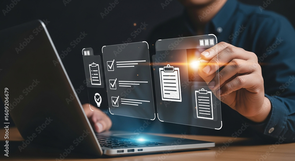 Poster businessman analyzing digital checklist interface on laptop screen for task management productivity 