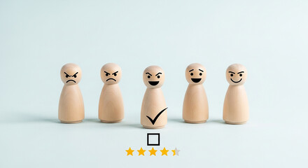 customer feedback rating review, wooden figures with facial expressions and check mark representing satisfaction level and service experience evaluation concept

