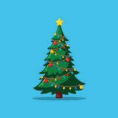 Cartoon Christmas tree decorated with colorful ornaments and lights against a light blue background.