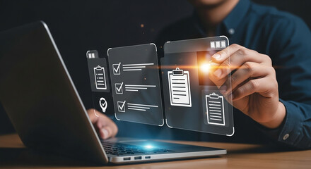 Businessman analyzing digital checklist interface on laptop screen for task management productivity planning and successful completion tracking

