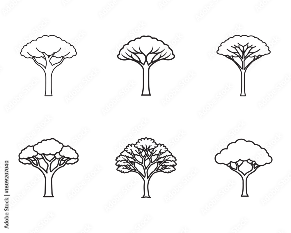 Poster set of six line art trees with various crown shapes offering design flexibility and nature inspired 