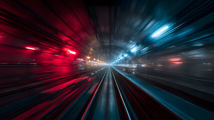 Red and blue light streaks in a fast moving subway tunnel speed motion blur
