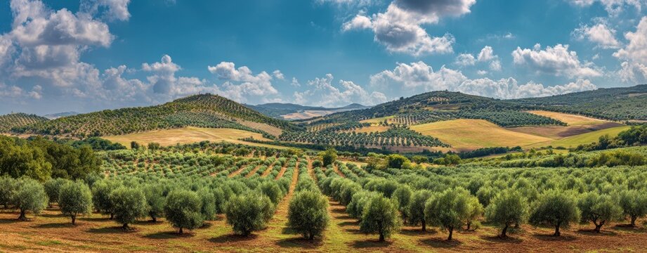 The expansive olive grove landscape under a beautiful sky and rolling hills.
