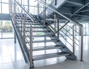 Metal stairs with stainless steel railing in a modern building
