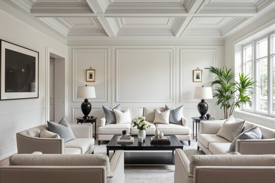 Elegant living room interior with neutral sofas and classic architectural details.