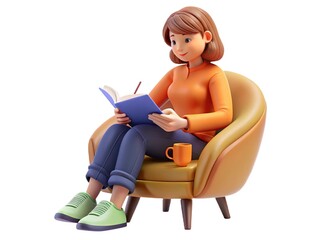 3D cartoon young woman sitting in a cozy chair, writing in a notebook, relaxed and focused, isolated on white.