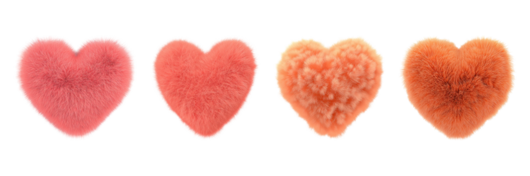 Fluffy Heart Shapes In Gradient Colors Set. Soft Texture And Love Symbol Collection Isolated On Transparent Background