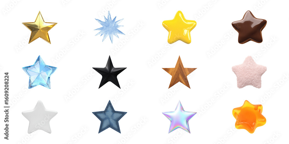 Poster colorful star icons set. diverse material and texture collection isolated on transparent background