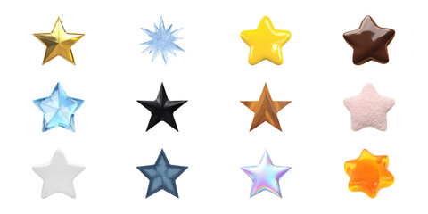Colorful Star Icons Set. Diverse Material And Texture Collection Isolated On Transparent Background