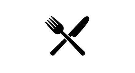 Simple black silhouette of crossed fork and knife, representing dining or cuisine, perfect for menus, restaurants, or food blogs seeking a clean, modern aesthetic.