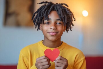 Valentine's day greeting and funny gift. Serious face cute mixed-race high schooler boy with small paper heart in hands. Love and happiness in children. Love-themed child photo. Toddler in lov.