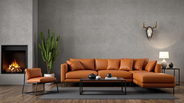 Modern living room with a burnt orange sectional sofa and fireplace.