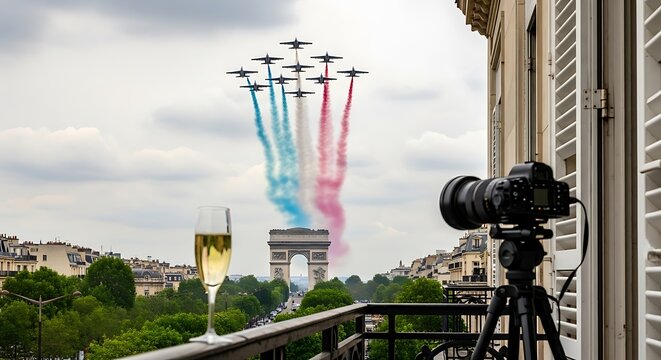 A view from a Parisian balcony with champagne as jets fly over the Arc de Triomphe leaving French flag colored smoke.