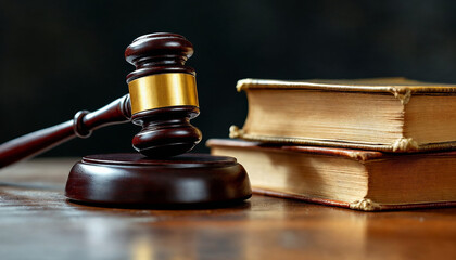 Obraz premium Close-up of wooden gavel and old books on glossy surface, classic and warm.