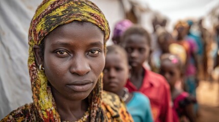 Fototapeta premium A Refugee Woman's Gaze: Resilience in the Face of Displacement