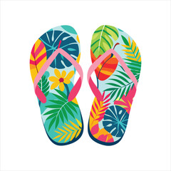 Pair of colorful flipflops featuring a lively tropical pattern of leaves and flowers in shades of teal, pink, yellow, and orange