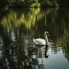 Naklejka premium Elegant Swan Glides on Tranquil Water