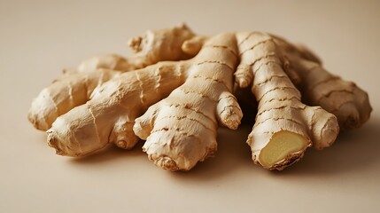 Fresh ginger roots set against a soft beige backdrop featuring warm lighting and subtle texture