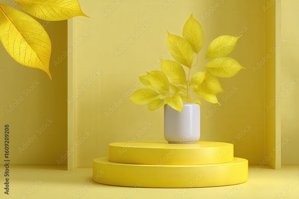 Poster yellow leaves in a white vase atop two yellow round platforms against a matching backdrop with linea