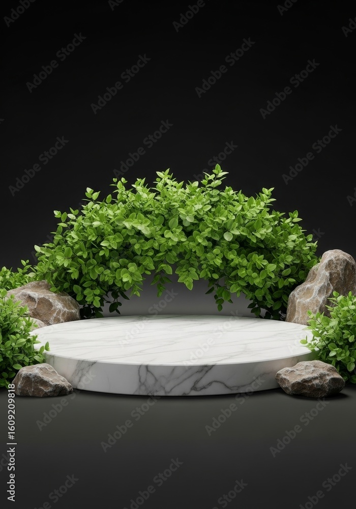 Poster elegant marble platform with greenery - a circular marble platform sits amidst lush greenery and roc