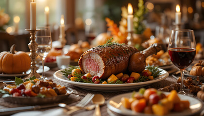 Thanksgiving Dinner Table Setting with Roasted Meat and Warm Lighting