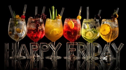 Colorful cocktails displayed happy friday