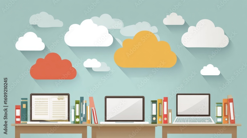 Aufkleber digital learning concept featuring cloud technology and laptops with a clean workspace design