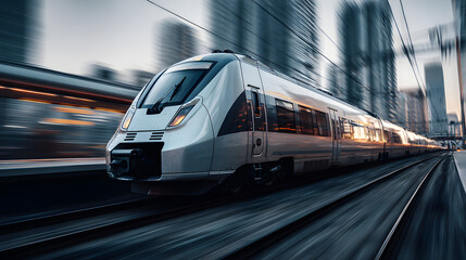 Fototapeta premium Silver high-speed train traveling on tracks through a blurred city skyline at dusk railway transportation