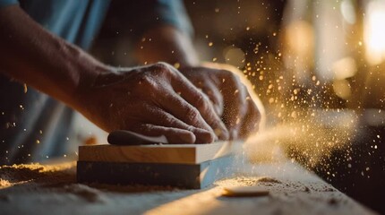 Carpenter carefully sanding wood, sawdust flying in warm light. A perfect capture of skilled craftsmanship, woodworking precision, and hands-on creation in a rustic or workshop setting.
 - Powered by Adobe