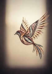 Fototapeta premium Intricate Paper Bird Sculpture - A detailed close-up shot of an intricately crafted paper bird sculpture, showcasing its delicate design and vibrant colors against a beige background