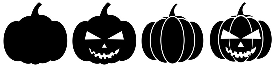A set of four black pumpkin silhouettes featuring simple and carved Halloween faces.