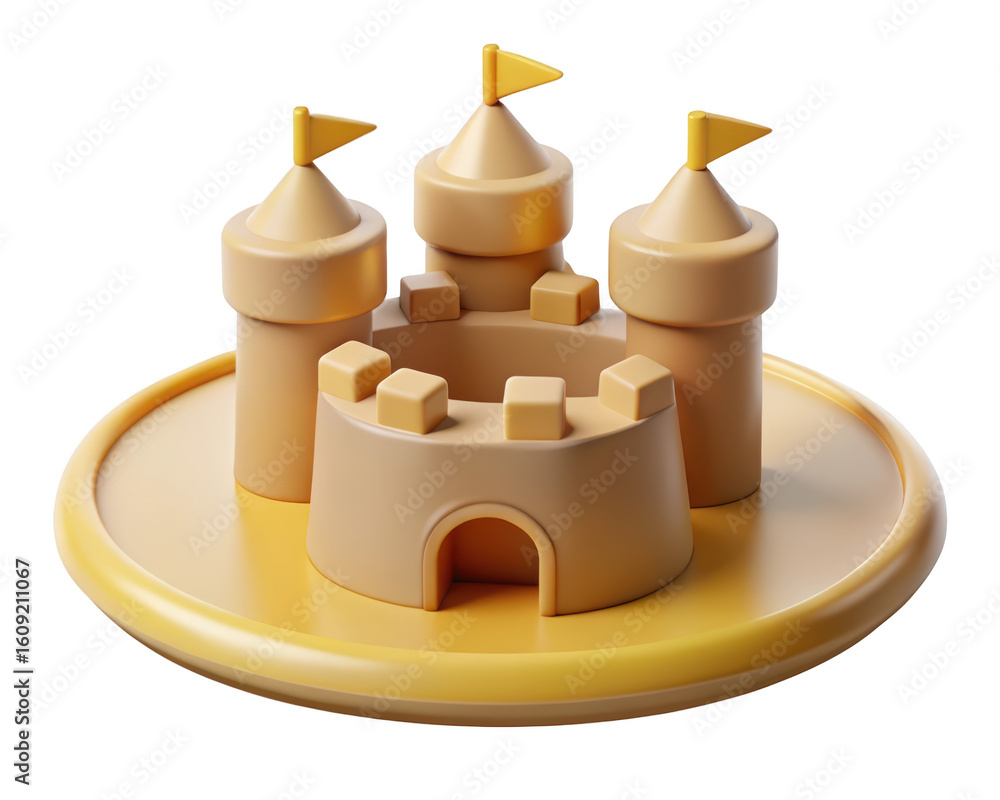 Poster 3d render of a playful sandcastle with towers and flags on a yellow base with background